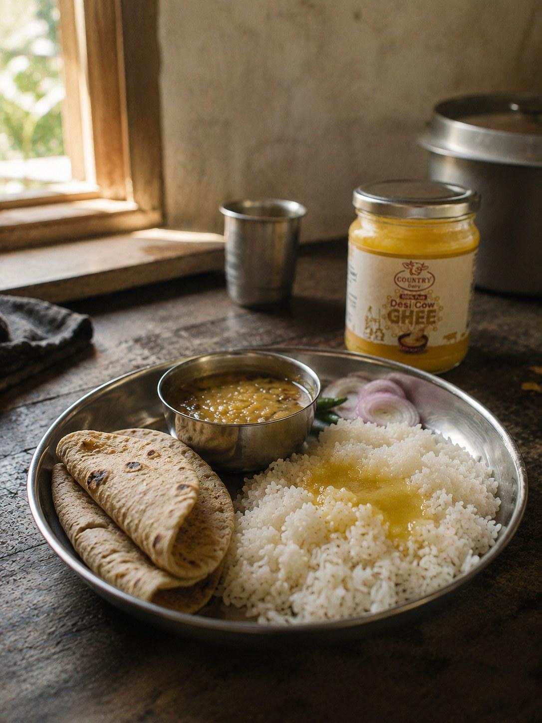 A jar of ghee beside rice, dal and a wooden spoon