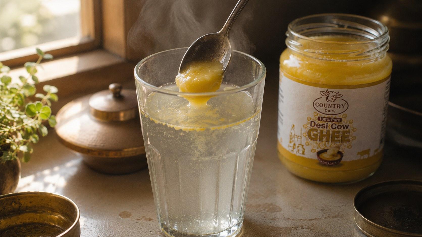 A glass of warm ghee water beside a jar of Country Dairy ghee