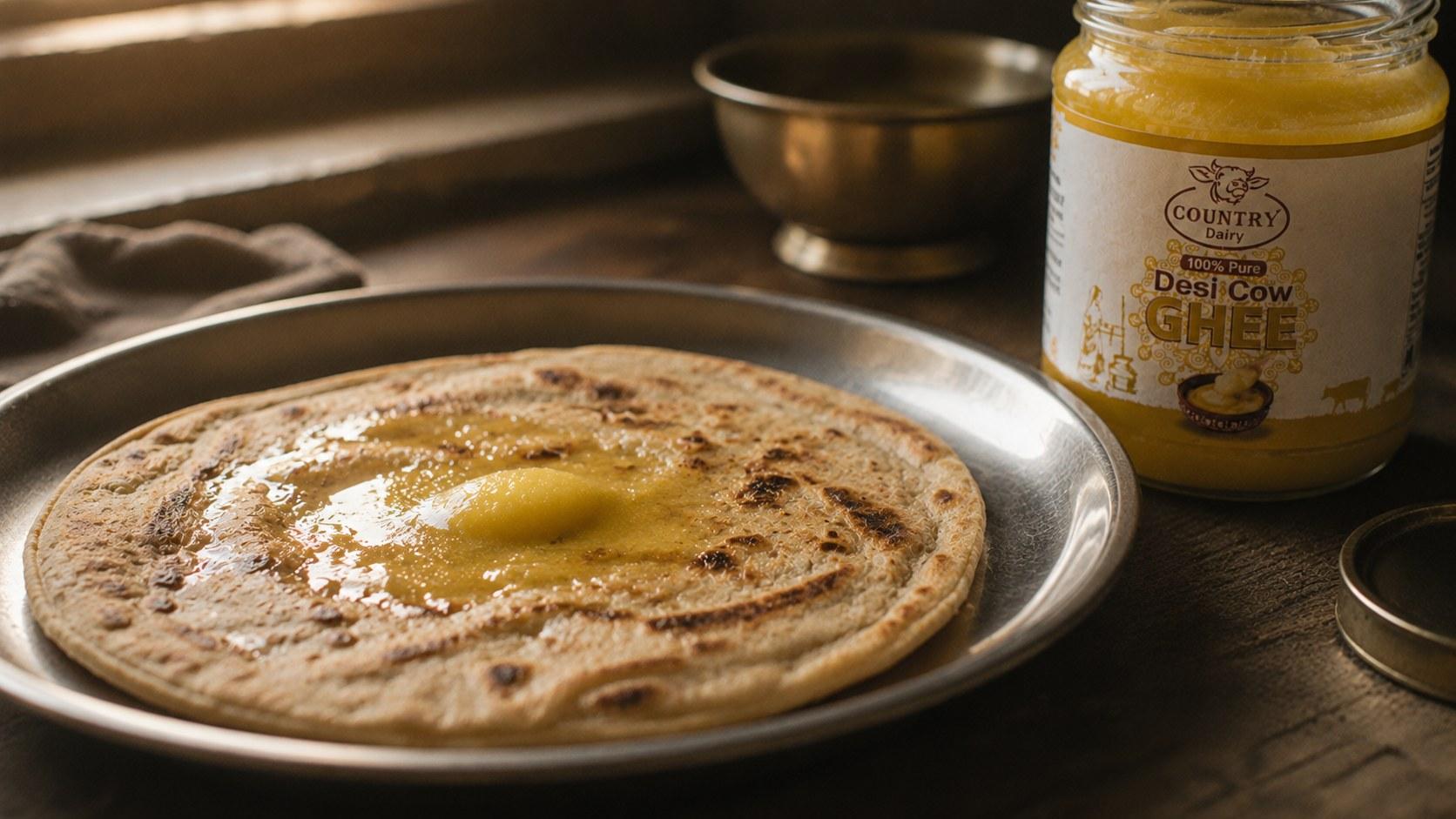Ghee melting on a hot paratha on a steel plate beside a jar of Country Dairy ghee
